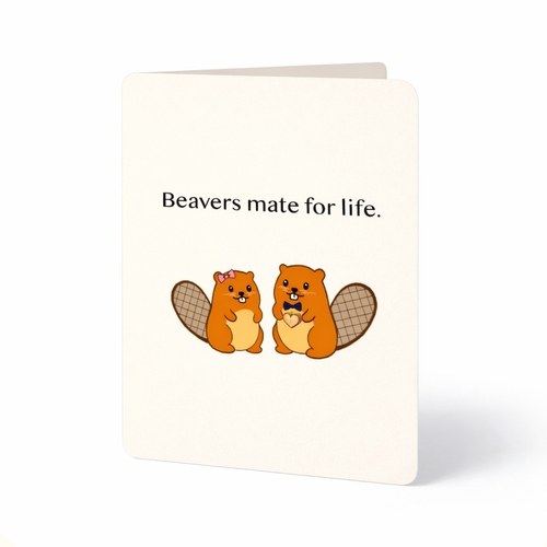 Notebook with cartoon beavers and text 'Beavers mate for life.' on a white background