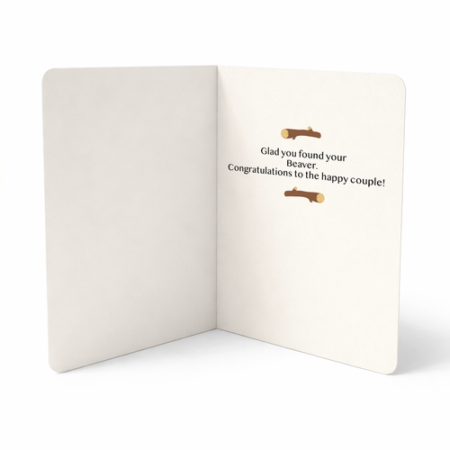 Open card with humorous text and beaver illustrations on a white background